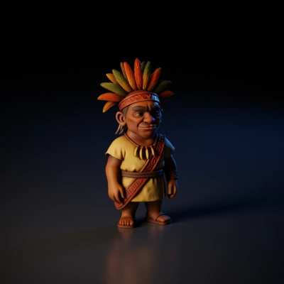 Cartoon tribal figure with headdress.
