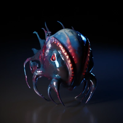 Organic alien creature with glowing red eyes, tentacles.