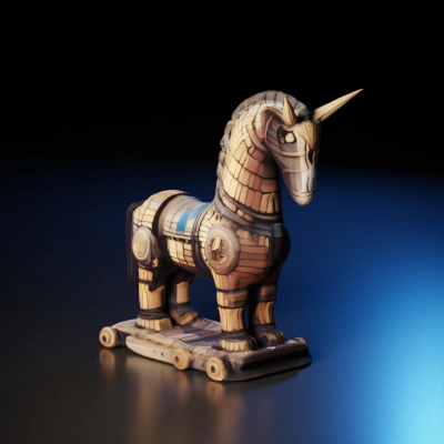 Wooden Trojan horse with intricate details.