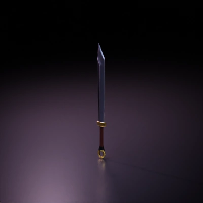 Short, medieval broadsword, gold-accented hilt.