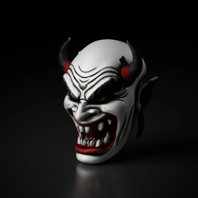 Demonic mask with horns, angry expression.