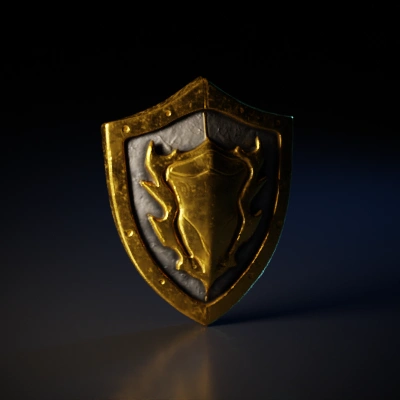 Heraldic shield with intricate design on front.