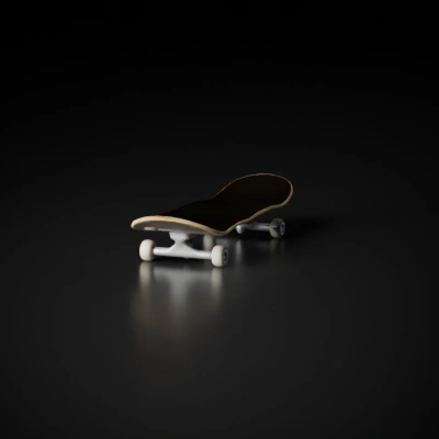 Skateboard with four wheels, flat surface.