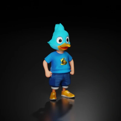 Duck-like character with cartoon features, wearing clothes.