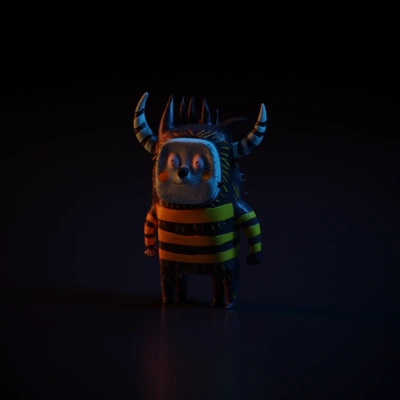 Cartoon monster with striped body and two horns.