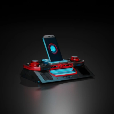 Futuristic sci-fi cyberpunk mobile phone dock with circular holographic bases and an led screen in middle.