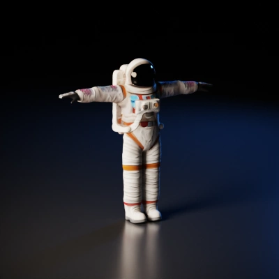 Astronaut in red space suit, helmet, black gloves.