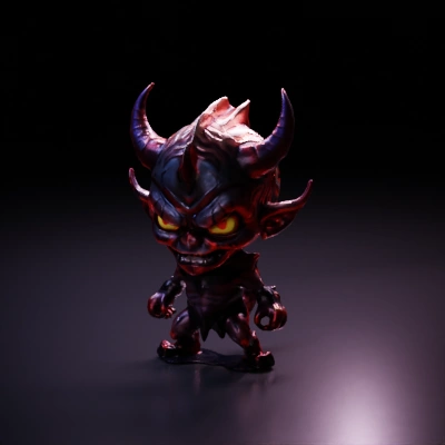 Demonic creature, muscular build, large horns, menacing grin.