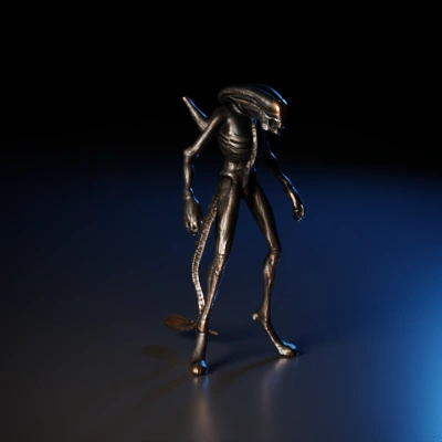 Alien creature with exoskeleton, menacing stance.
