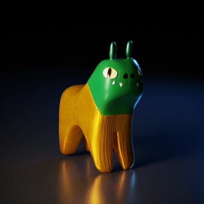 Wooden cat-like creature with painted face.