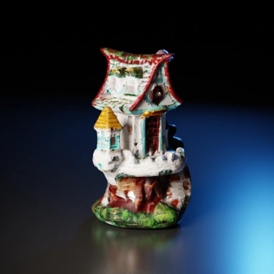 Fantasy cottage with whimsical design, rocky base.