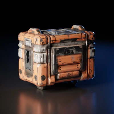 Futuristic mechanical crate, intricate panels, sci-fi aesthetic. metallic with chipped paint