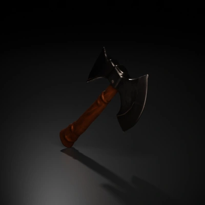 Double-bladed battle axe, wooden handle.