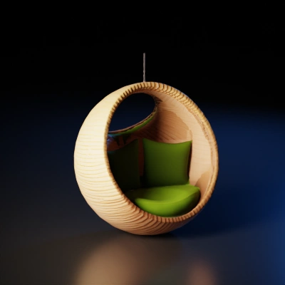 Hanging wicker chair with cushions.