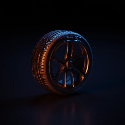 Car tire with intricate tread pattern, five-spoke rim.
