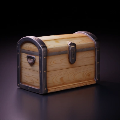 hold Wooden treasure chest with metal reinforcements.