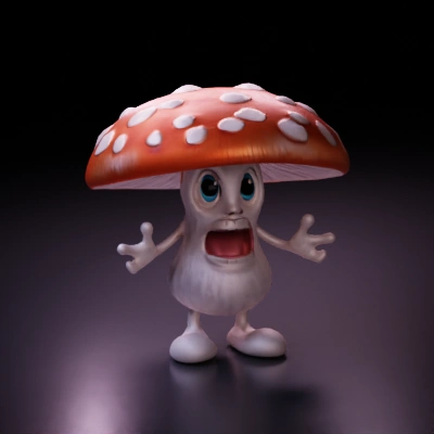 Mushroom character with expressive face, waving hands.