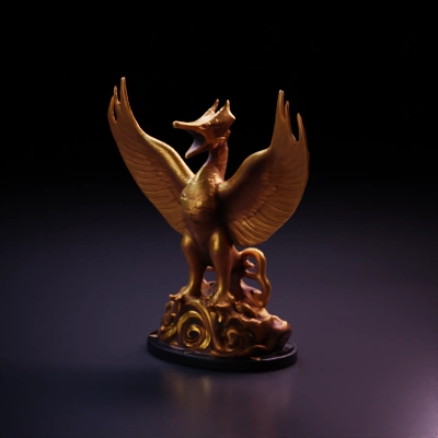 Majestic mythical bird sculpture, detailed wings, on a pedestal.