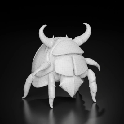 Beetle-inspired mech with intricate armor and large horns.