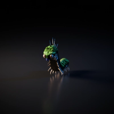Alien caterpillar-like creature, multiple eyes, spikes along body.