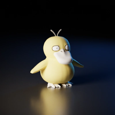Cartoonish yellow bird, standing pose, three-dimensional model.