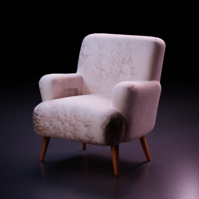 Fuzzy armchair with wooden legs.