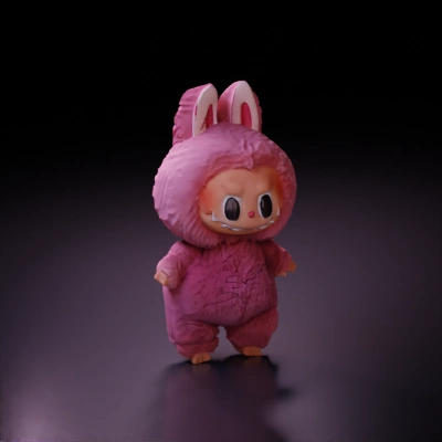 Plush toy in pink bunny costume.