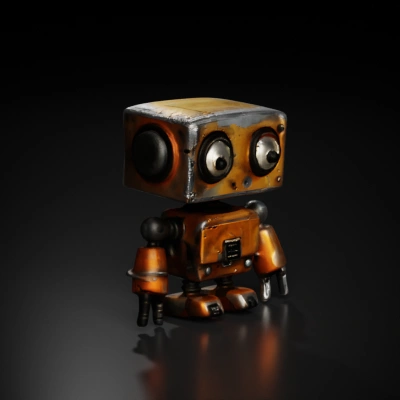 Box-shaped robot with large eyes, cartoon style.