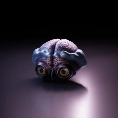 Brain-like entity with large, exaggerated eyes, cartoonish.