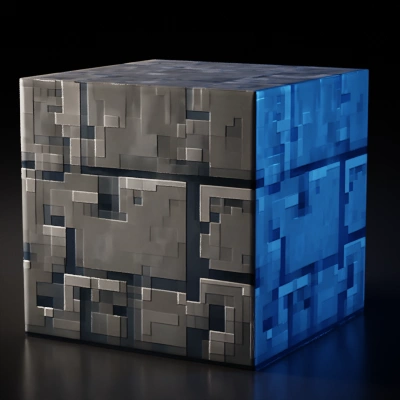 Pixelated stone cube, Minecraft-inspired, blocky texture.