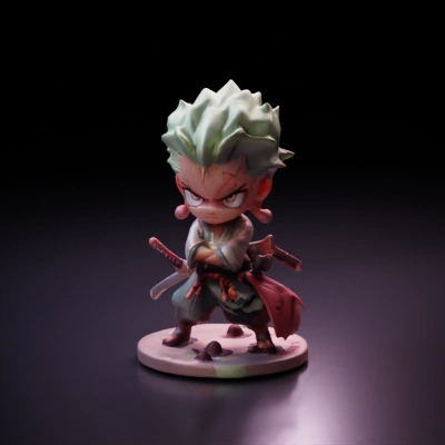 Chibi anime Roronoa Zoro swordsman with a stern expression.