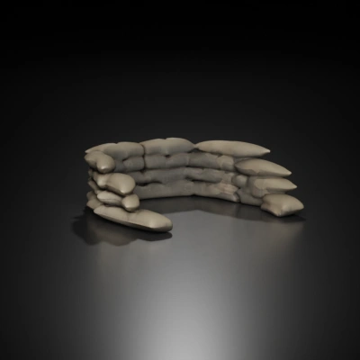 Sandbag barricade, stacked in an arc shape, military use.