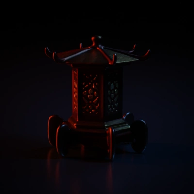 Hexagonal wooden lantern with intricate carvings.