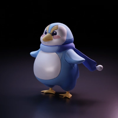 Cute, scarf-wearing penguin character with flippers.