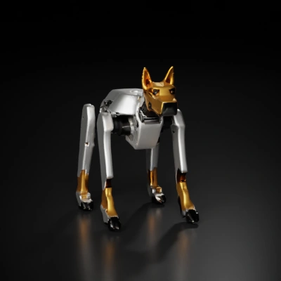 Robotic dog with mechanical joints and futuristic design.