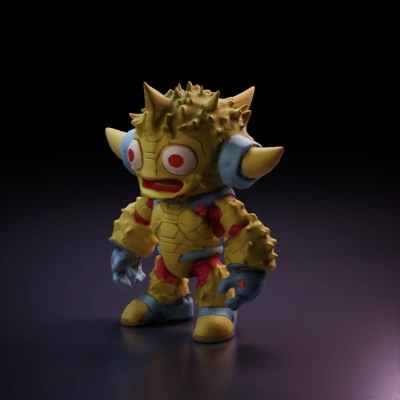 Spiked alien robot in cartoonish style, big eyes, friendly stance.