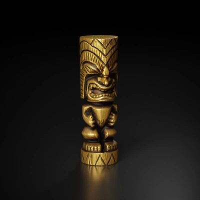 Tiki-style wooden totem with intricate carvings.
