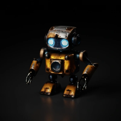 Rustic boxy robot with blue eyes.