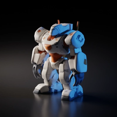 Heavily armored robot with large limbs, sci-fi theme.