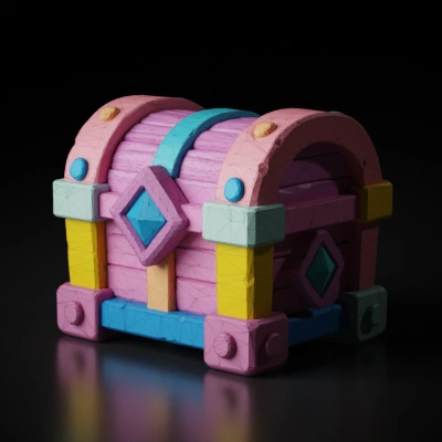 A cartoon treasure chest with blue gems. sharp edges, smooth edges, simple geometry, game-ready, symmetric geometry.