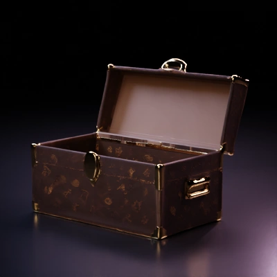 Storage chest with intricate details and handles.