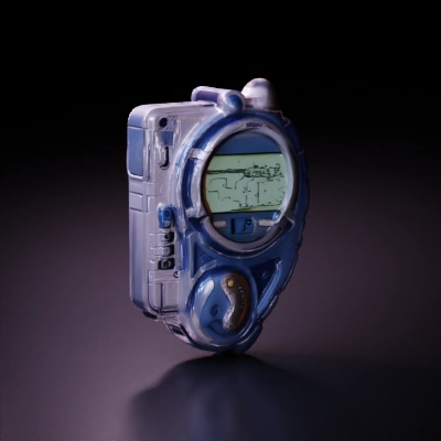 Digital handheld device, retro-futuristic design, Digimon.