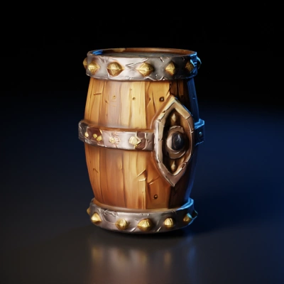 Wooden barrel with metal accents, medieval fantasy style, world of warcraft