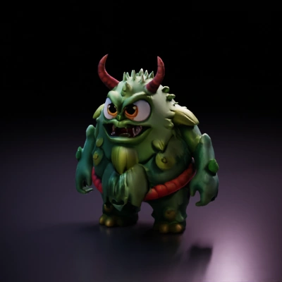 Cartoonish monster with exaggerated facial features, horns, and fur.