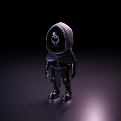 Futuristic armored character with hood and robotic features.