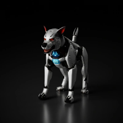 Robotic dog with exposed mechanical parts, glowing eyes.