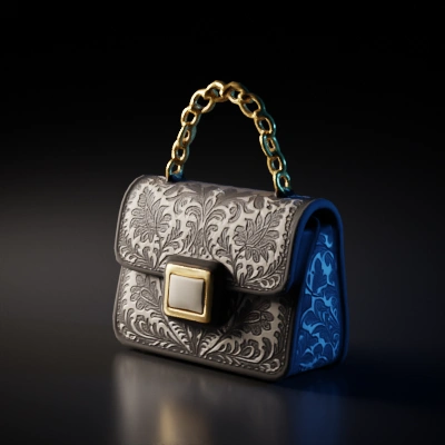ornate handbag with gold chain handle.