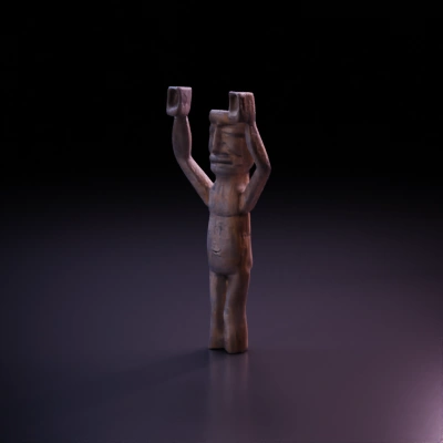 Wooden carved figure with raised arms.