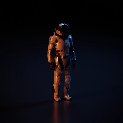 Astronaut in full space suit, helmet on, arms at sides.