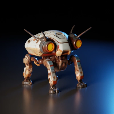 Small battle-ready robot with glowing eyes.
